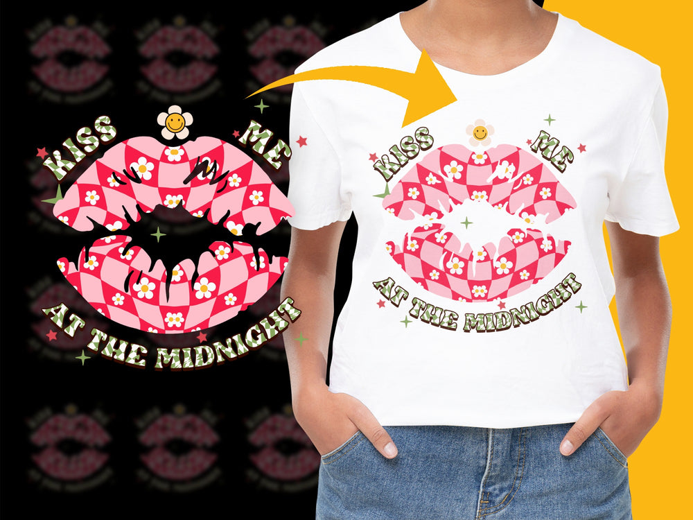 Kiss Me at Midnight Graphic T-Shirt, New Year's Eve Party Tee, Festive Holiday Shirt, Women's Fashion Top