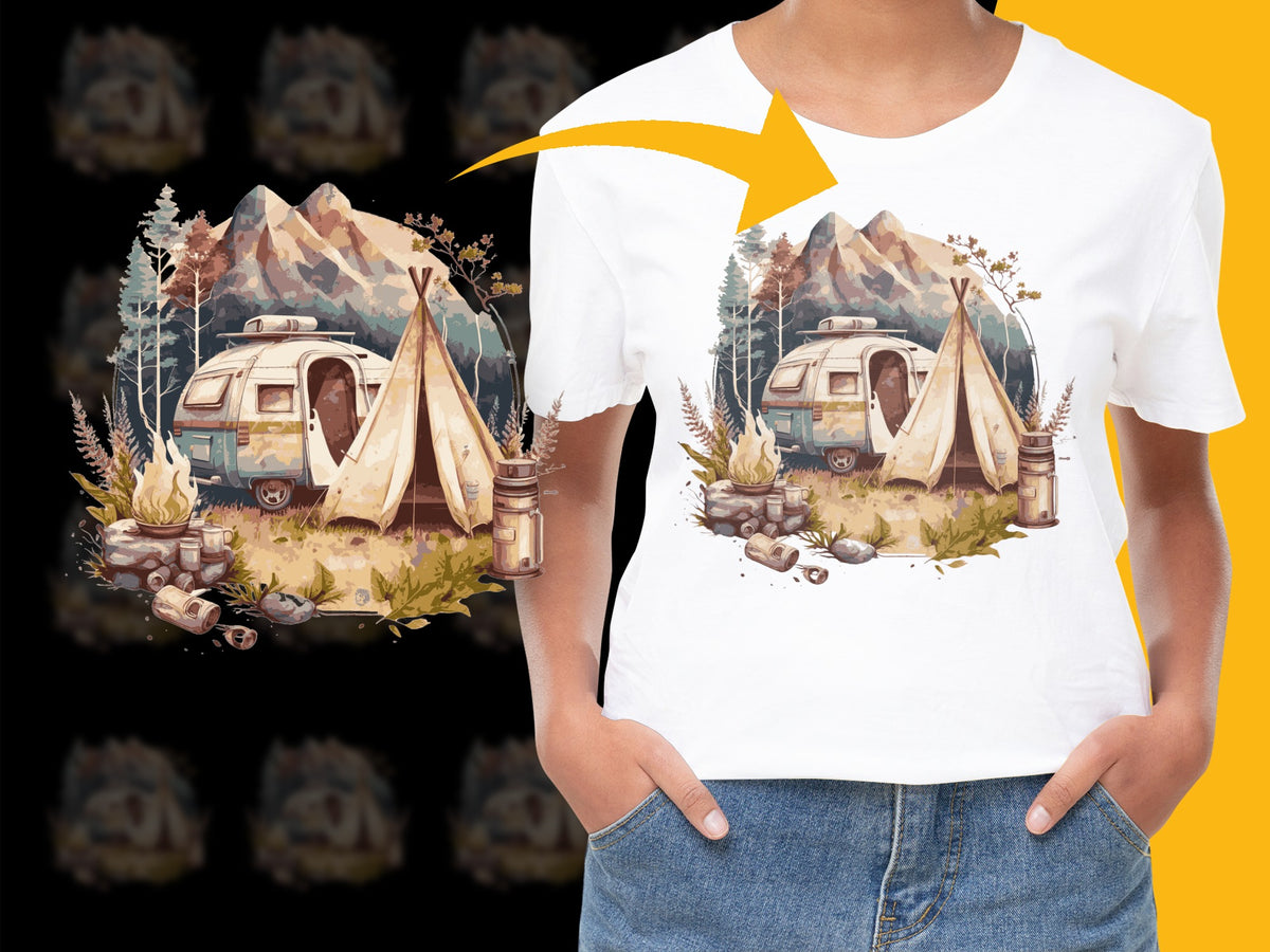 Vintage Camper T-Shirt, Retro Camping Scene Graphic Tee, Nature Adventure Unisex Top