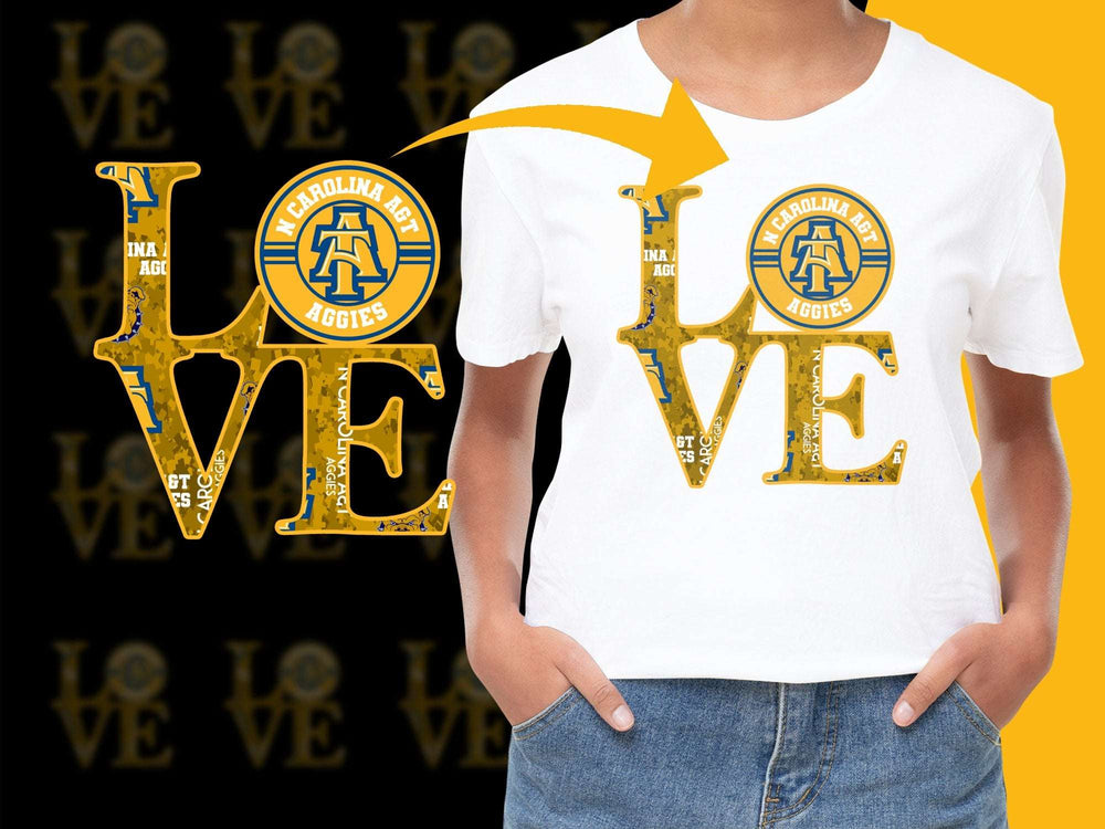 North Carolina AandT Aggies Love T-Shirt, College Graphic Tee, Yellow and Blue Design, Casual Wear