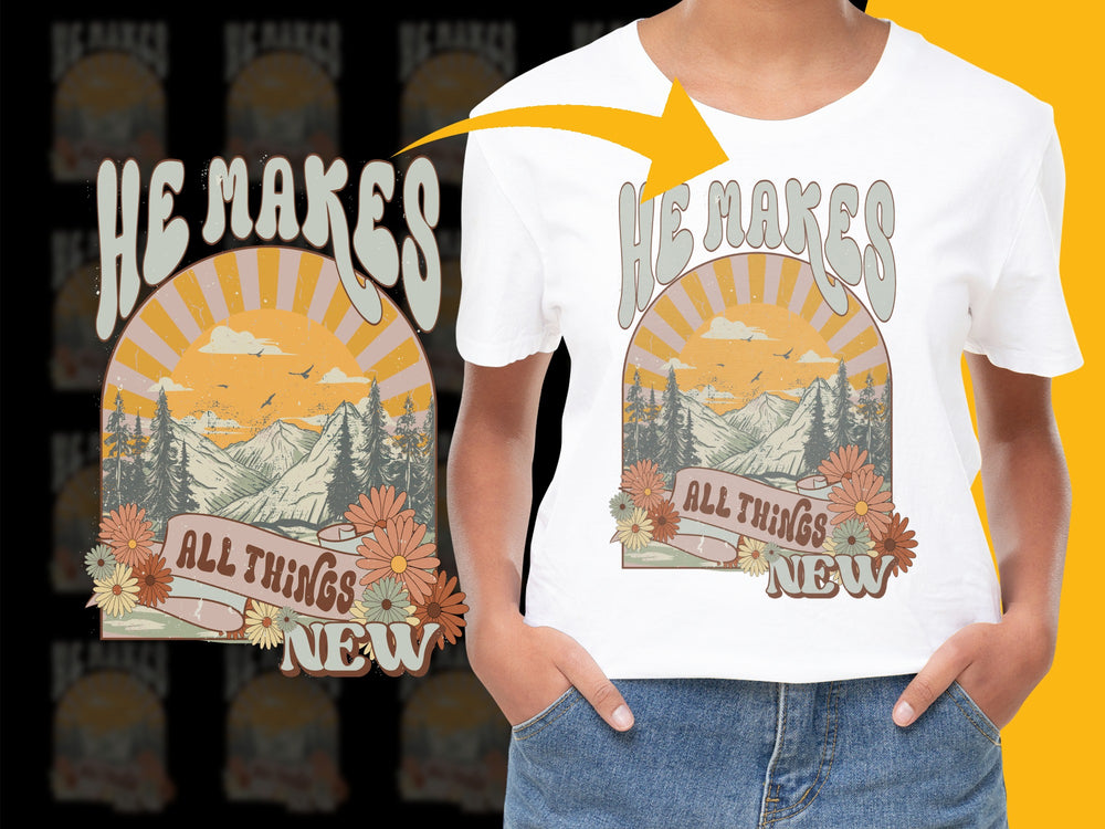 Inspirational Quote T-Shirt, He Makes All Things New, Mountain Sunset Graphic Tee, Unisex Fashion Top