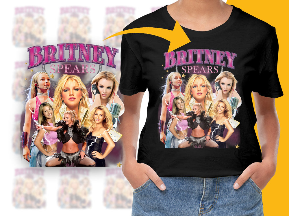 Britney Spears Graphic T-Shirt, Pop Icon Montage, Feminine Tee Design, Music Fan Fashion, Collectible Merchandise, Vintage Style Top
