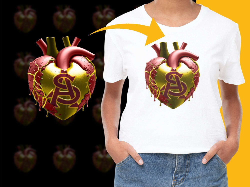Graphic Tee with Unique Heart Design, Money Symbol, Youthful Style, Bold Colors, Unisex T-Shirt