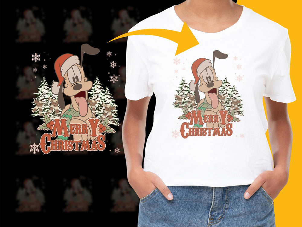 Festive Christmas T-Shirt with Cartoon Dog, Holiday Apparel, Kids and Adults Sizes, Unisex Style, Merry Christmas Design