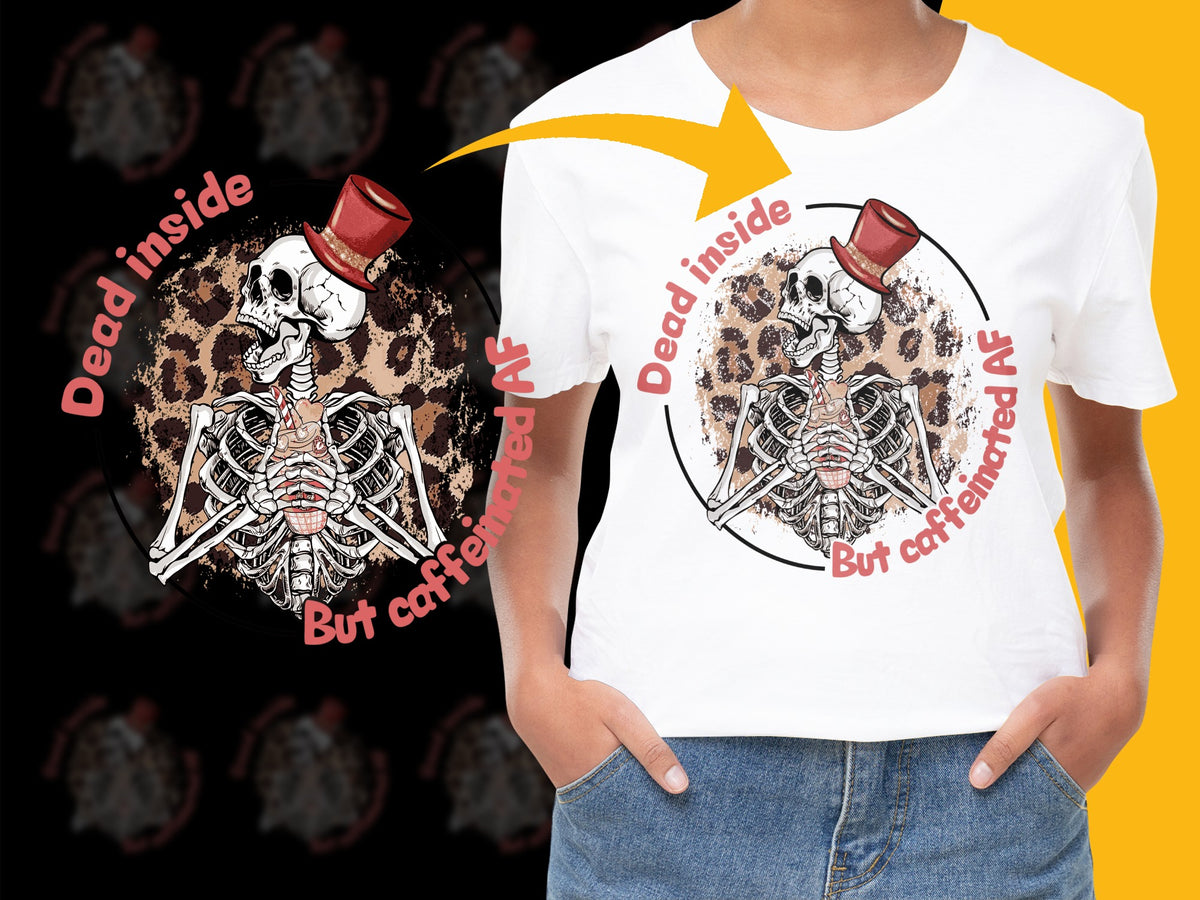 Dead Inside But Caffeinated T-Shirt, Skeleton Drinking Coffee, Graphic Tee, Cool Casual Streetwear, Unique Gift Idea