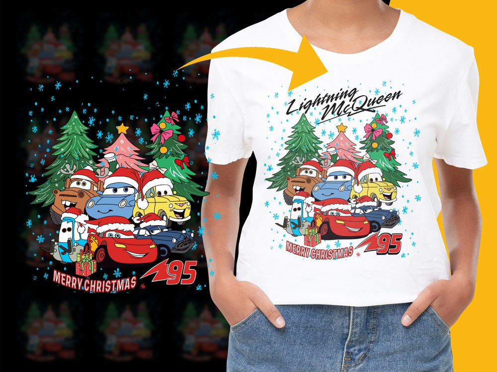 Kids Christmas T-Shirt, Lightning McQueen Holiday Tee, Festive Cartoon Cars Shirt, Colorful Graphic Top for Children
