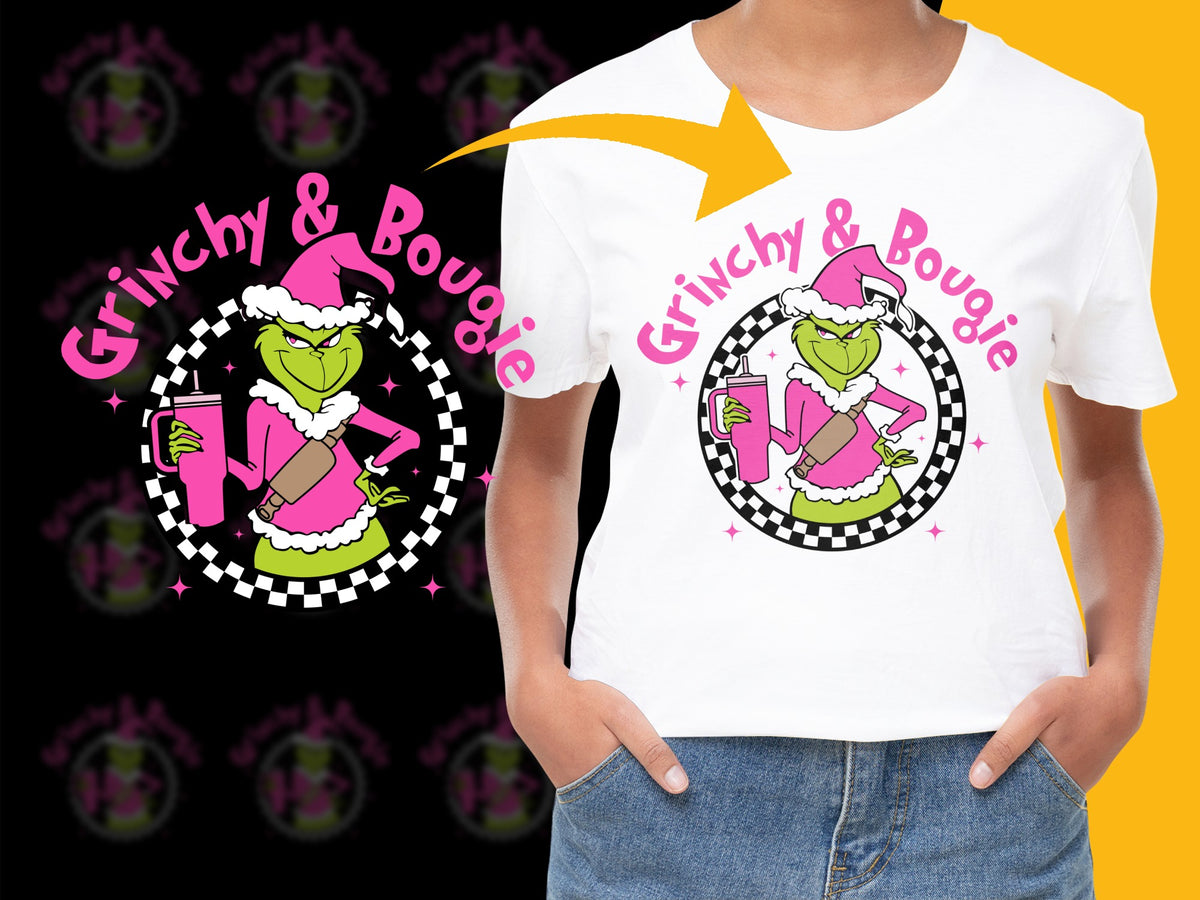 Grinchy and Bougie T-Shirt, Pink and Black Checkered, Cartoon Grinch Tee, Novelty Graphic Shirt, Holiday Fashion Top