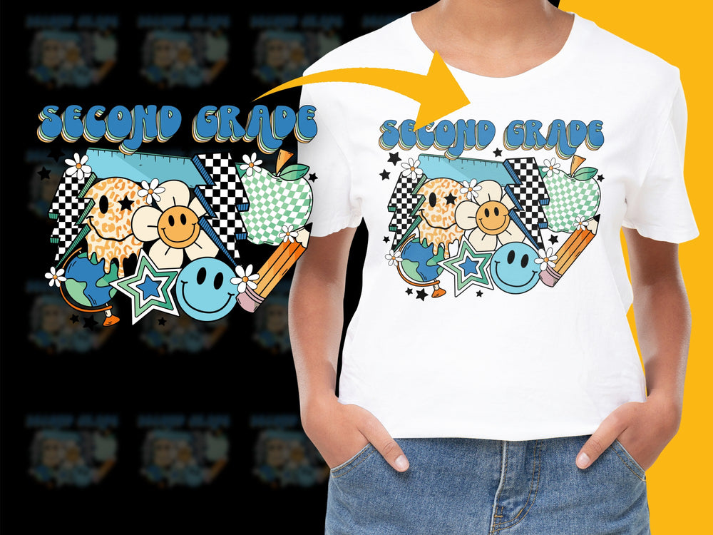 Second Grade T-Shirt, Cute Cartoon Animals, Kids' Checkered Pattern School Tee, Colorful Star Design, Fun Graphic Shirt for Children