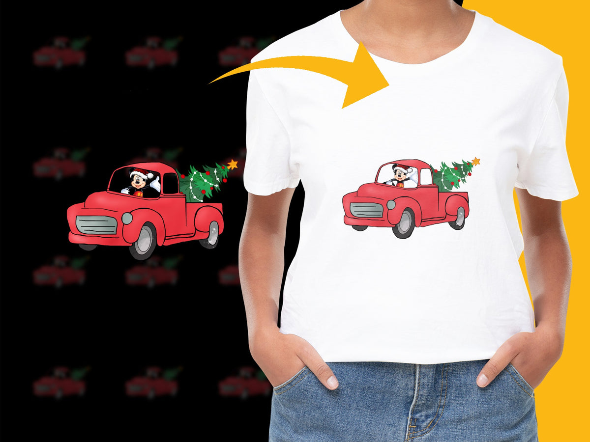 Festive Holiday T-Shirt with Red Truck and Dog Design, Christmas Tree, Women's Fashion Top