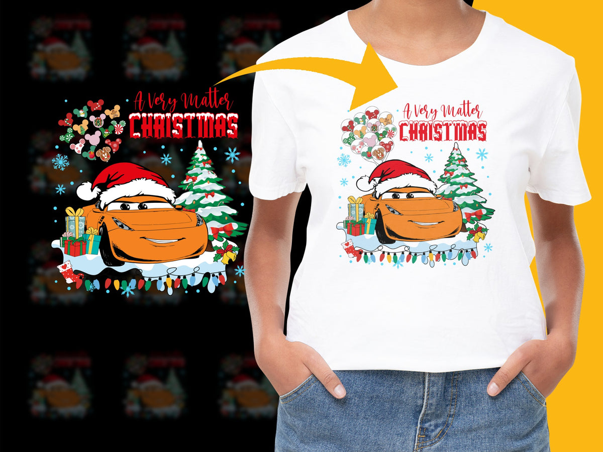 Festive Orange Cartoon Christmas T-Shirt, Cute Holiday Graphic Tee, Colorful Xmas Tree and Gifts Design