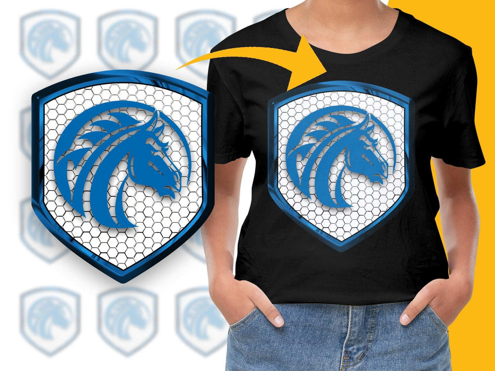Blue Horse Shield Graphic T-Shirt, Stylish Modern Emblem Tee, Casual Wear for Men and Women
