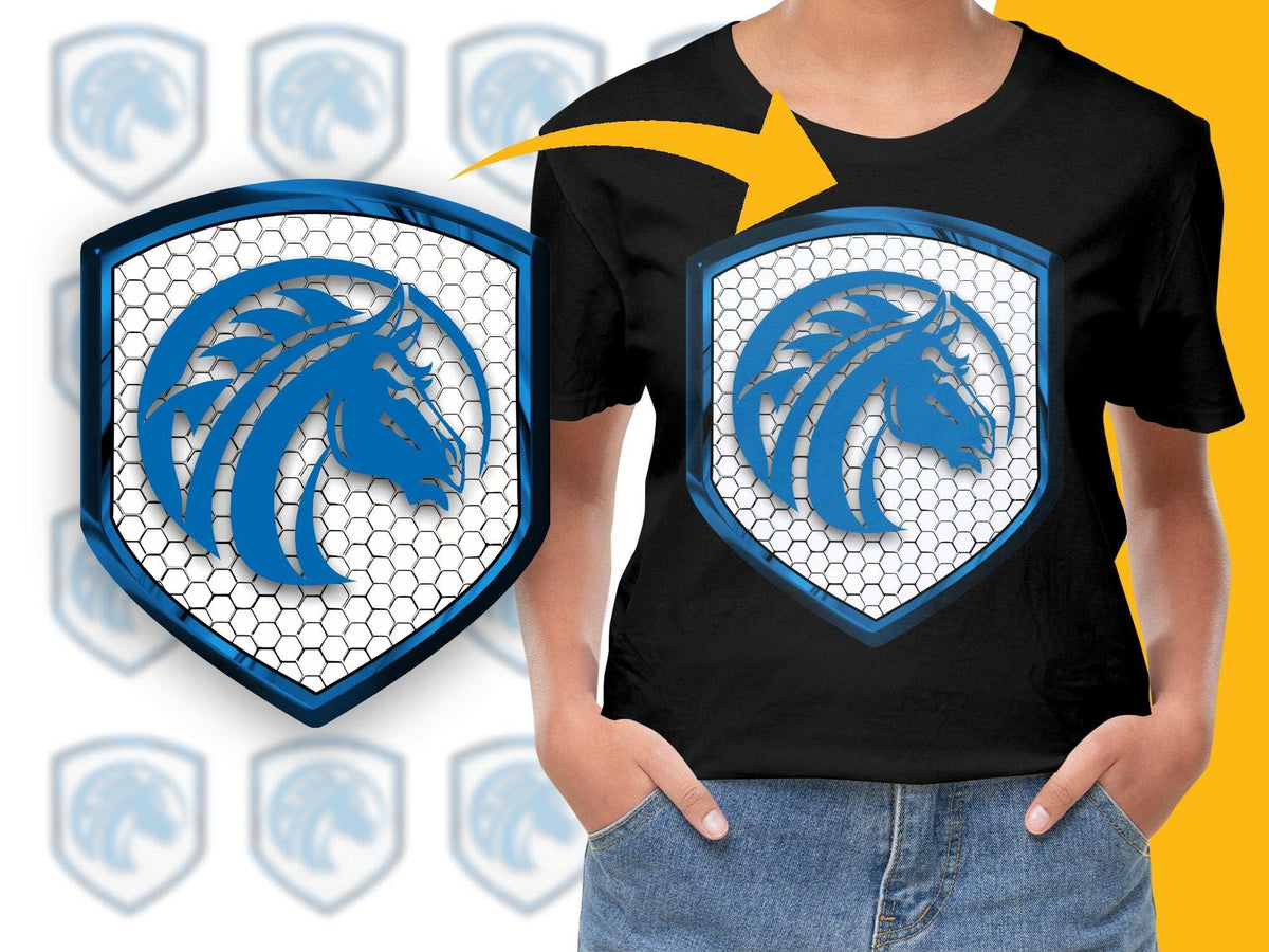 Blue Horse Shield Graphic T-Shirt, Stylish Modern Emblem Tee, Casual Wear for Men and Women