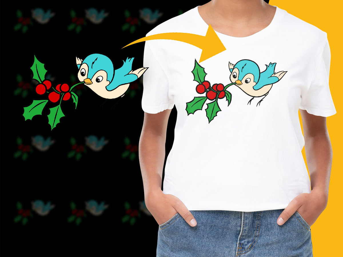 Festive Holiday T-Shirt with Cute Blue Bird and Holly Design, Christmas Casual Wear for All Ages, Unisex Gift Idea.