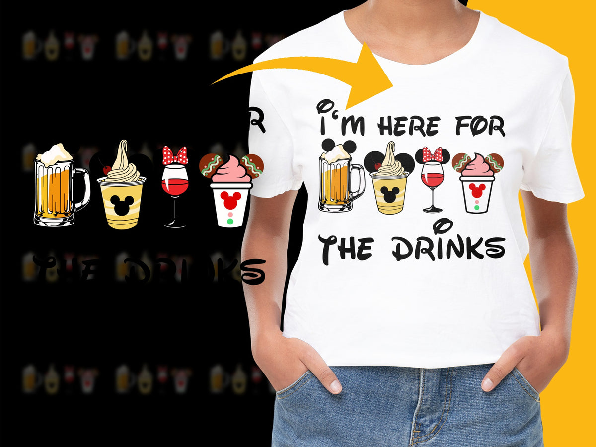 Women's Funny T-Shirt, 'I'm Here For The Drinks' Graphic Tee, Cocktail Party Shirt, Casual Summer Top, Gift for Her