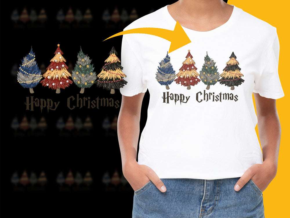 Happy Christmas T-Shirt with Vintage Tree Design, Festive Holiday Apparel for Adults and Kids