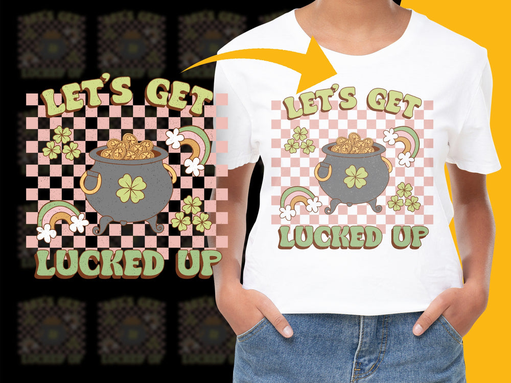 Let's Get Lucked Up T-Shirt, St. Patrick's Day Tee, Clover and Pot Graphic, Unisex White Shirt