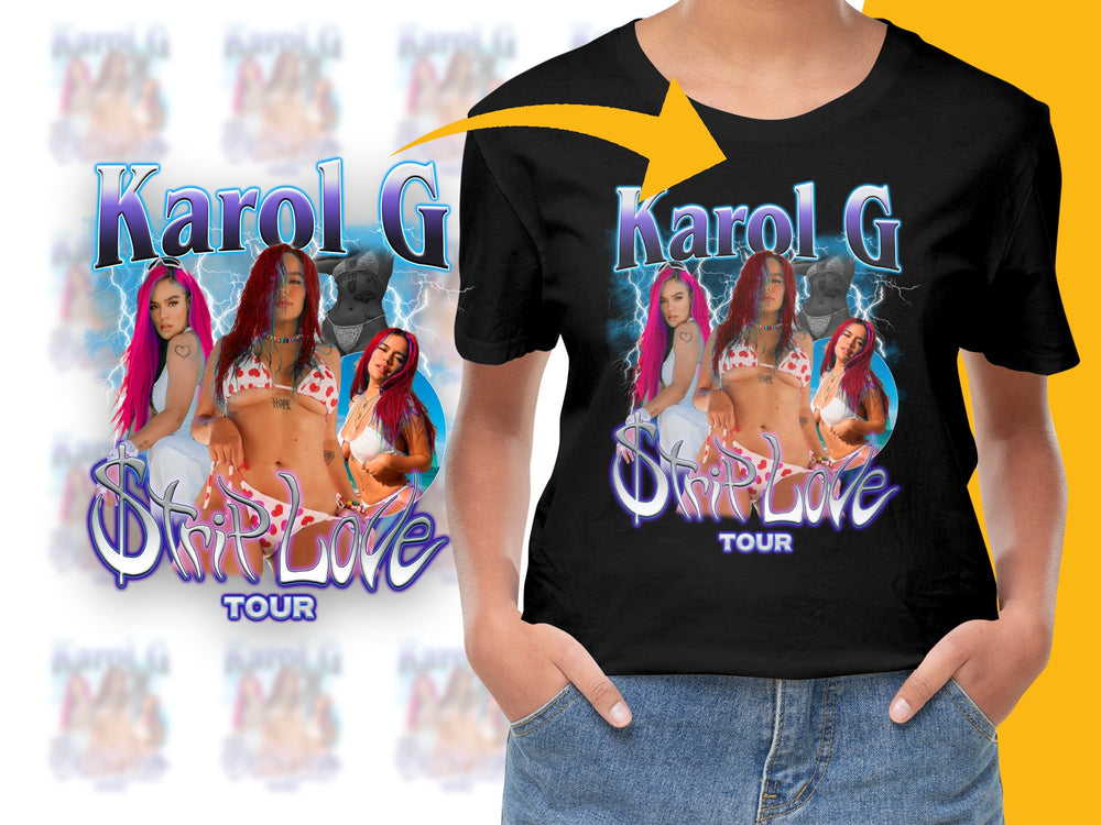 Karol G Strip Love Tour Graphic T-Shirt, Trendy Pop Star Concert Merch, Colorful Music Fan Apparel
