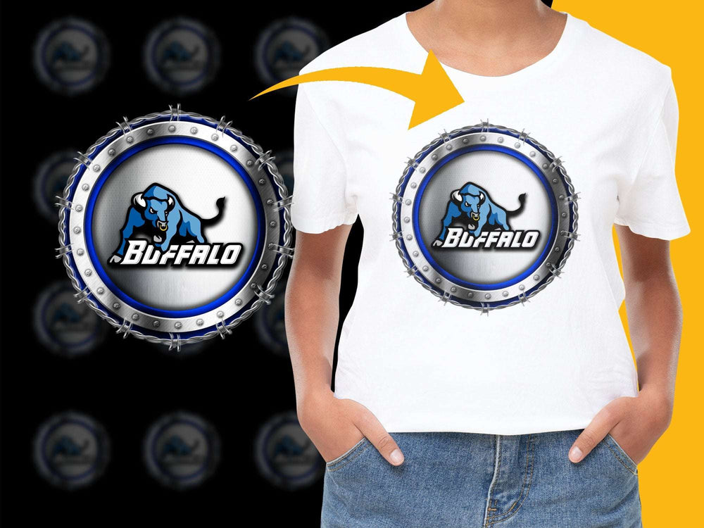 Buffalo Graphic T-Shirt, Blue and White Logo Tee, Unisex Casual Streetwear Shirt, Cool Animal Emblem Design Top
