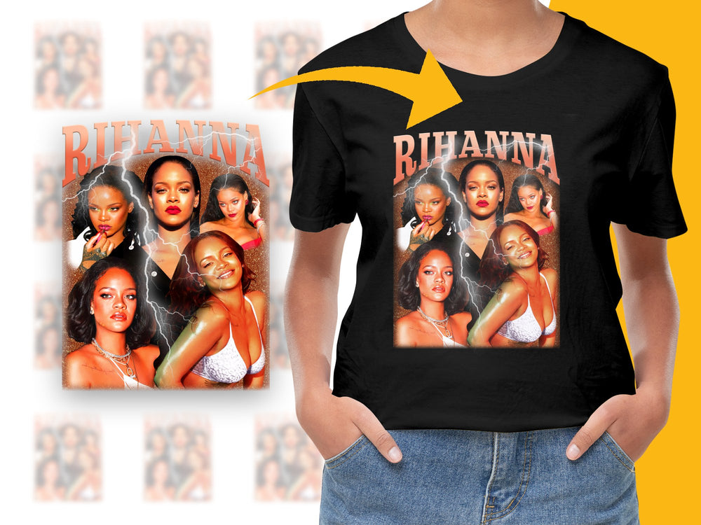 Rihanna Fan T-Shirt, Pop Star Montage Graphic Tee, Black Cotton Shirt, Music Icon Apparel