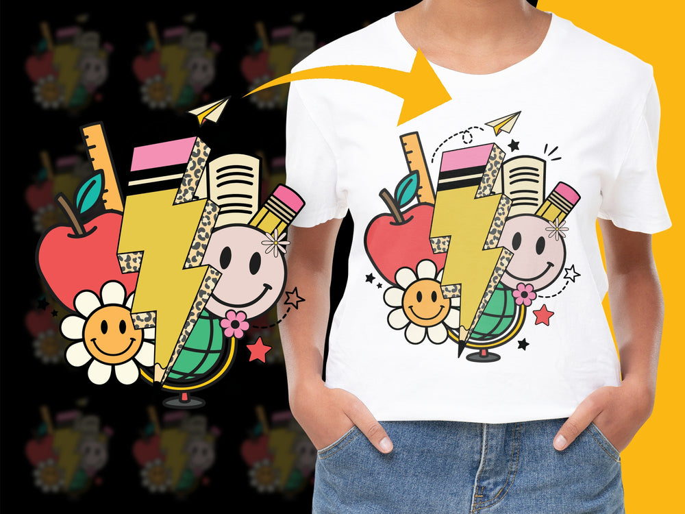 Colorful Cartoon Apple and Pencil Graphic T-Shirt, Cute School-Themed Tee for Kids and Adults, Fun Casual Wear