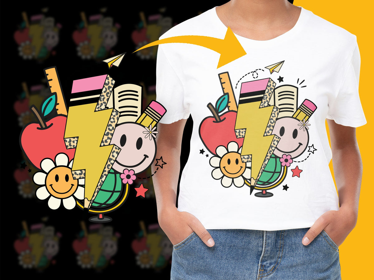 Colorful Cartoon Apple and Pencil Graphic T-Shirt, Cute School-Themed Tee for Kids and Adults, Fun Casual Wear