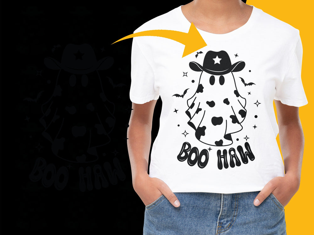 Kids Halloween T-Shirt with Ghost Cowboy Dalmatian Design, Boo Haw Graphic Tee, Unique Children's Fall Apparel