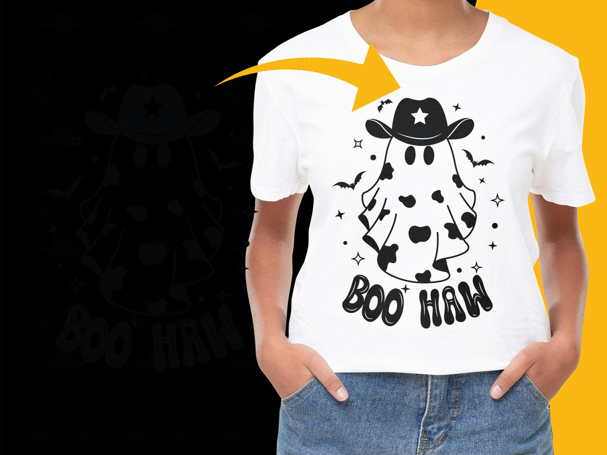 Kids Halloween T-Shirt with Ghost Cowboy Dalmatian Design, Boo Haw Graphic Tee, Unique Children's Fall Apparel