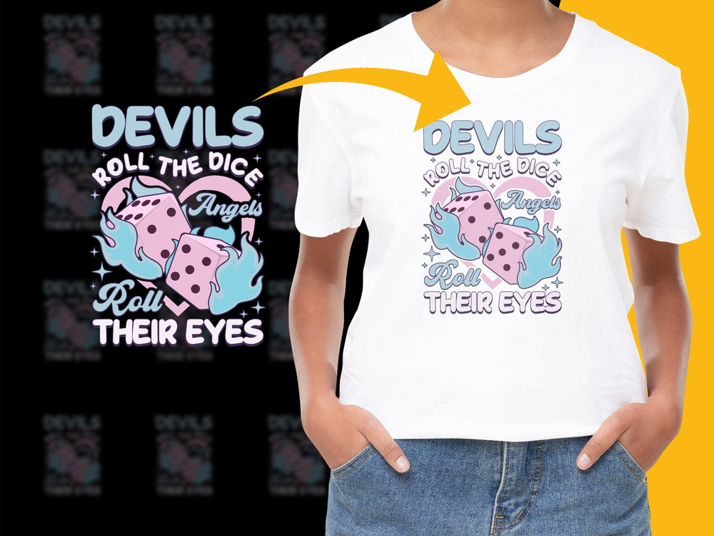 Trendy Graphic T-Shirt, Devils Angels Dice Text, Cute Streetwear Style, Hip Casual Fashion Tee