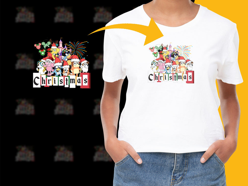 Festive Christmas T-Shirt Cute Cartoon Characters Fireworks Holiday Gift Idea Unisex