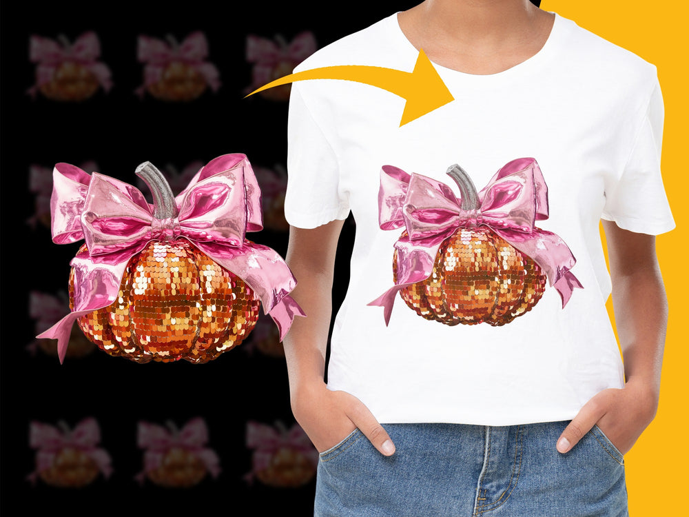 Women's Pumpkin Sequin Bow T-Shirt, Halloween Pumpkin Graphic Tee, Fall Fashion, Casual Cotton Shirt