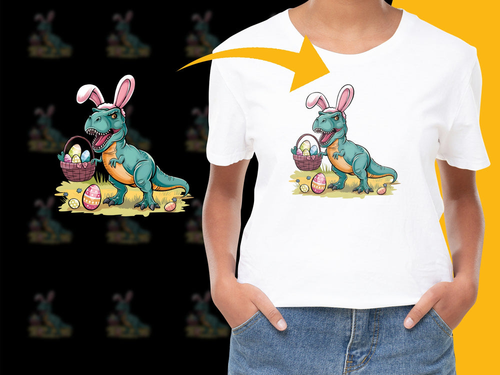 Easter T-Rex Dinosaur in Bunny Ears Kids T-Shirt, Cartoon Dino Graphic Tee, Fun Holiday Apparel, Unique Easter Gift for Children