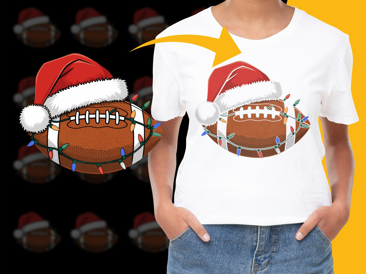 Kids Christmas Football T-Shirt, Santa Hat Sports Tee, Holiday Lights Festive Shirt, Boys Girls Casual Apparel