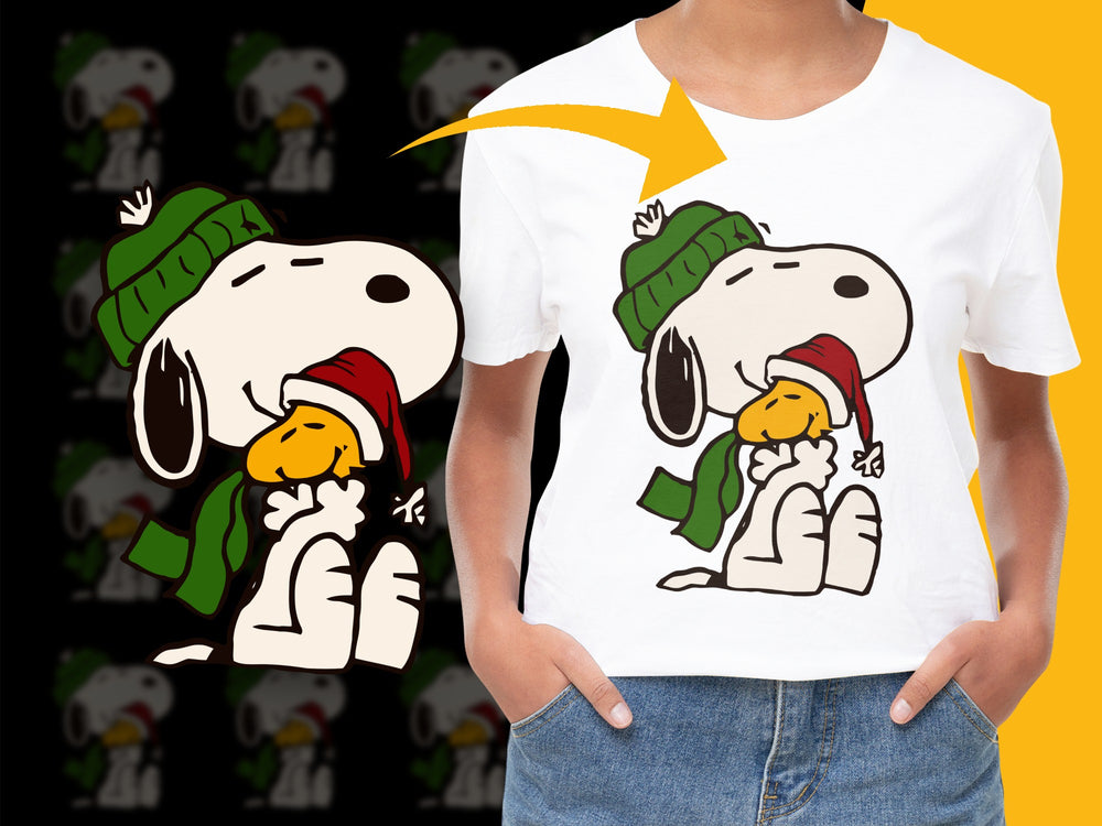 Cute Dog Cartoon T-Shirt, Winter Hat and Scarf, Casual Wear, Kids and Adults Sizes Available