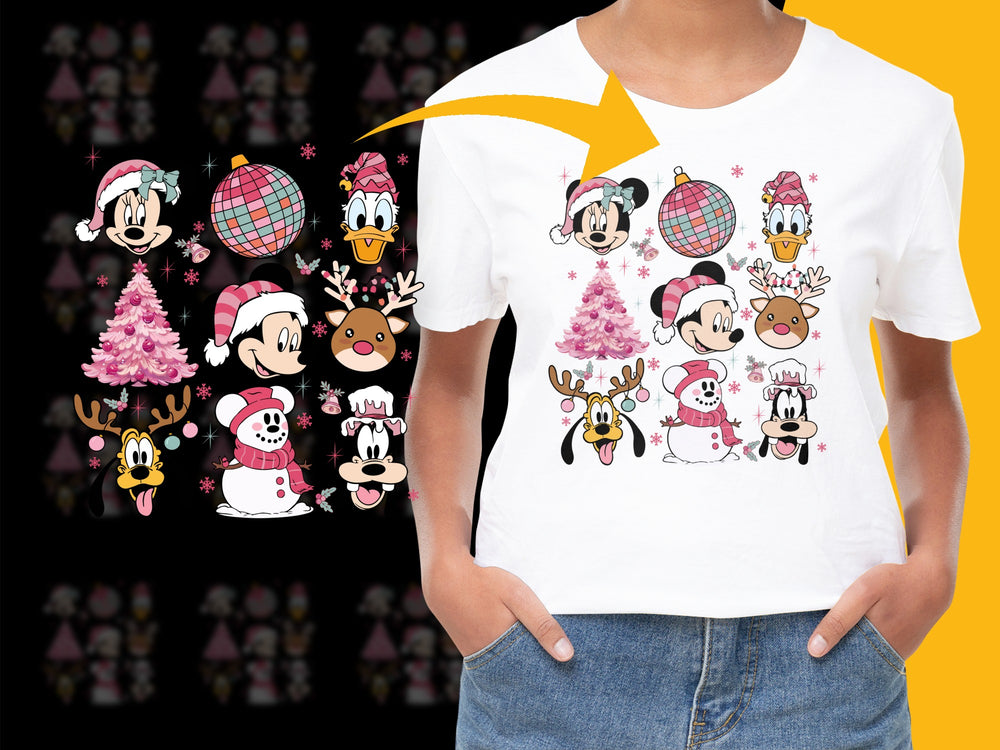 Christmas Themed T-Shirt with Cartoon Characters, Kids Holiday Graphic Tee, Festive Apparel