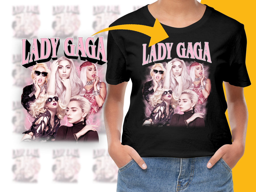 Lady Gaga Graphic T-Shirt, Pop Music Fan Apparel, Women's Trendy Black Tee, Celebrity Photo Collage Shirt