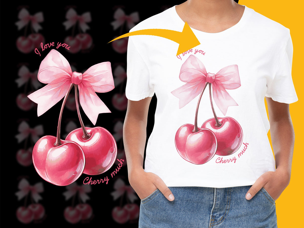 Cherry Graphic T-Shirt, 'I Love You Cherry Much' Cute Valentine's Day Tee, Pink Bow Design, Women's Fashion Top