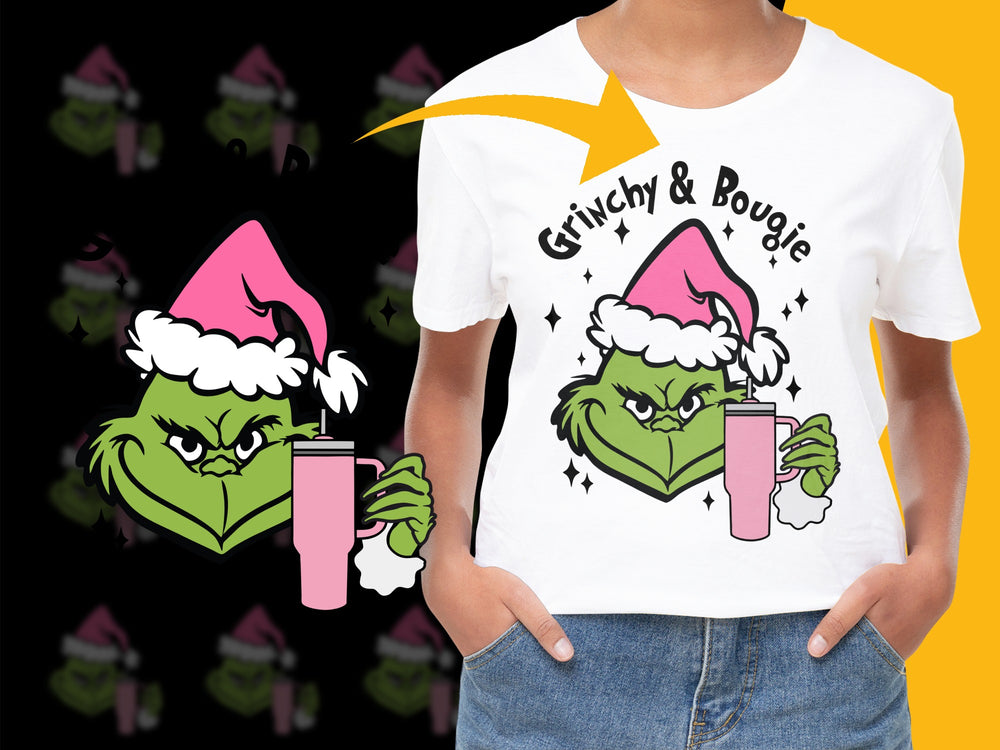 Grinchy and Bougie Christmas T-Shirt, Funny Holiday Graphic Tee, Unisex Festive Shirt with Cartoon Characters, Gift Idea