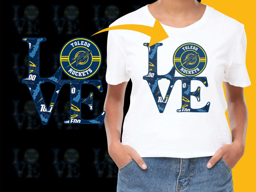 Toledo Rockets Love Graphic T-Shirt, College Sports Fan Apparel, Navy and Gold Tee