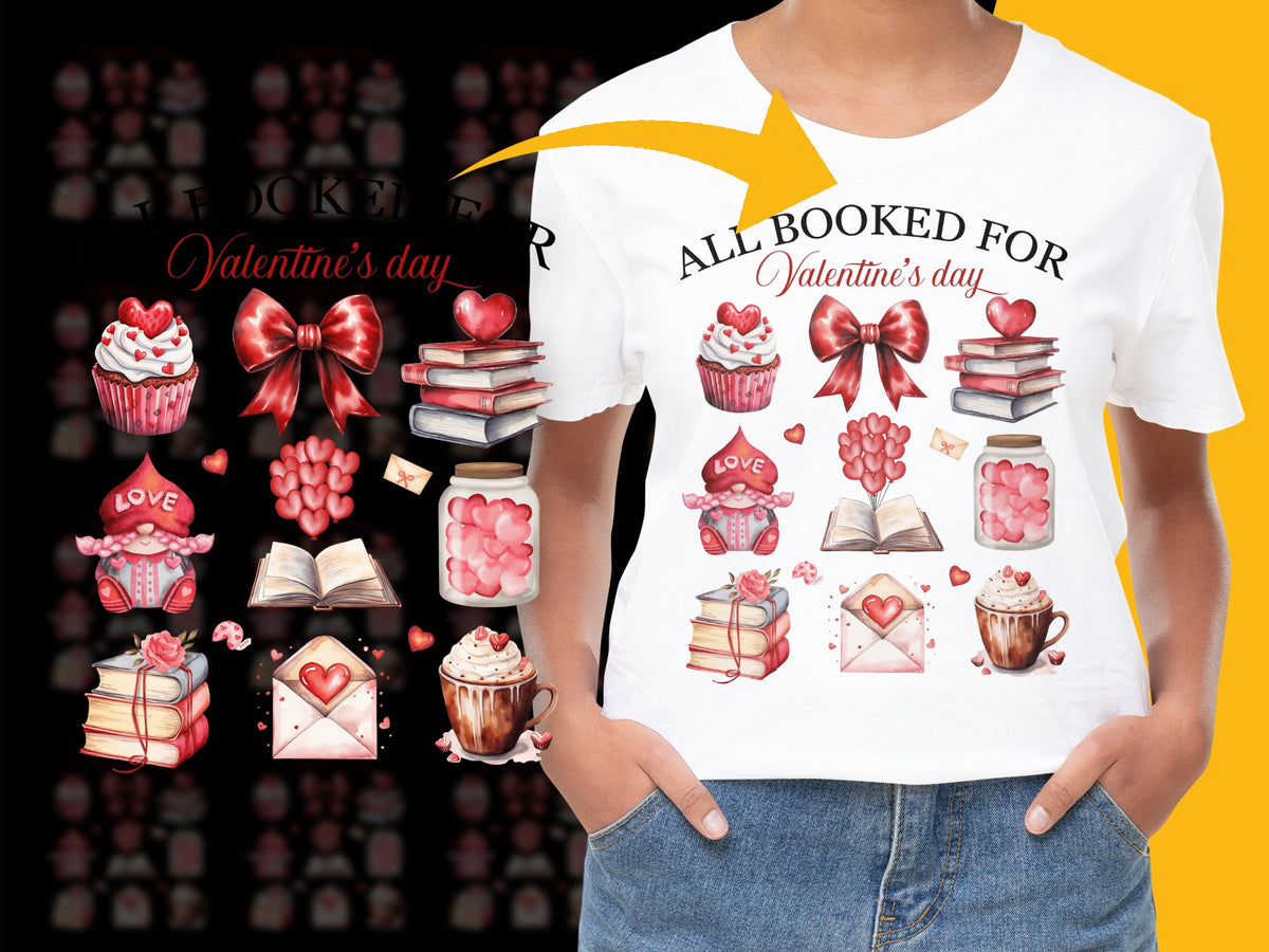 Valentine's Day T-Shirt All Booked Theme, Love Books and Hearts Graphic Tee, Gift for Book Lovers, Romantic Casual Wear