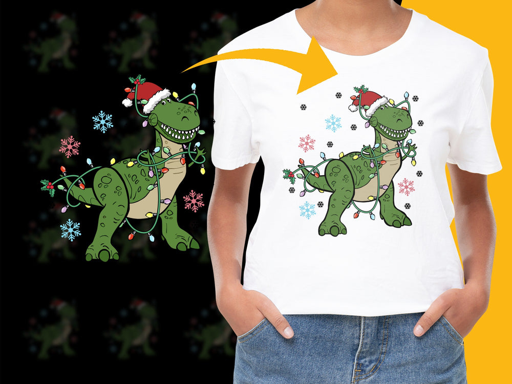 Festive Dinosaur T-Shirt, Christmas Lights and Snowflakes, Holiday Graphic Tee, Kids and Adults Sizes Available