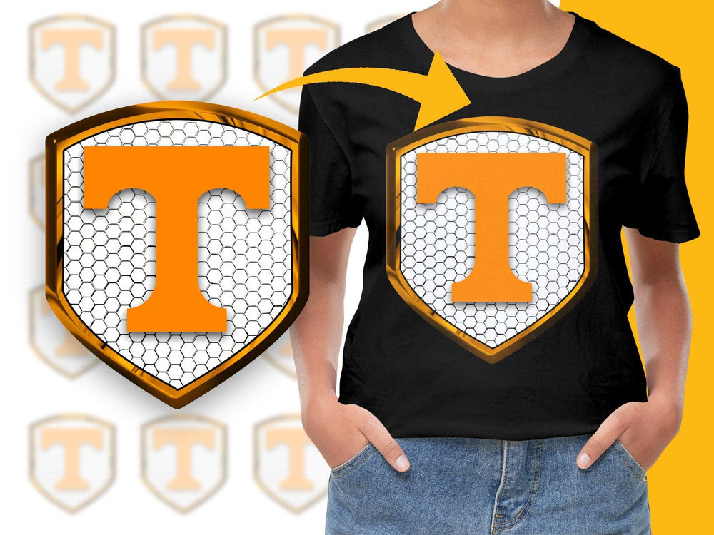 Orange Letter T Shield Graphic T-Shirt, Stylish Unisex Black Tee, Unique Casual Streetwear, Bold Emblem Design