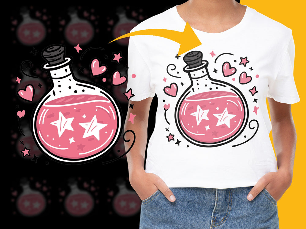 Magical Potion Bottle Graphic T-Shirt, Cute Pink Love Potion Tee, Women's Casual Fashion Top, Gift Idea