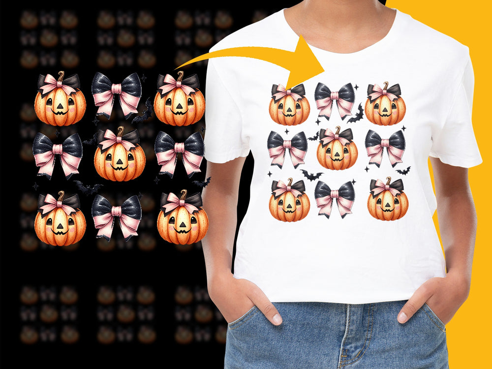 Halloween Pumpkin T-Shirt Cute Jack O'Lantern Graphic Tee with Bows, Women's Casual Fall Fashion Top, Spooky October Apparel