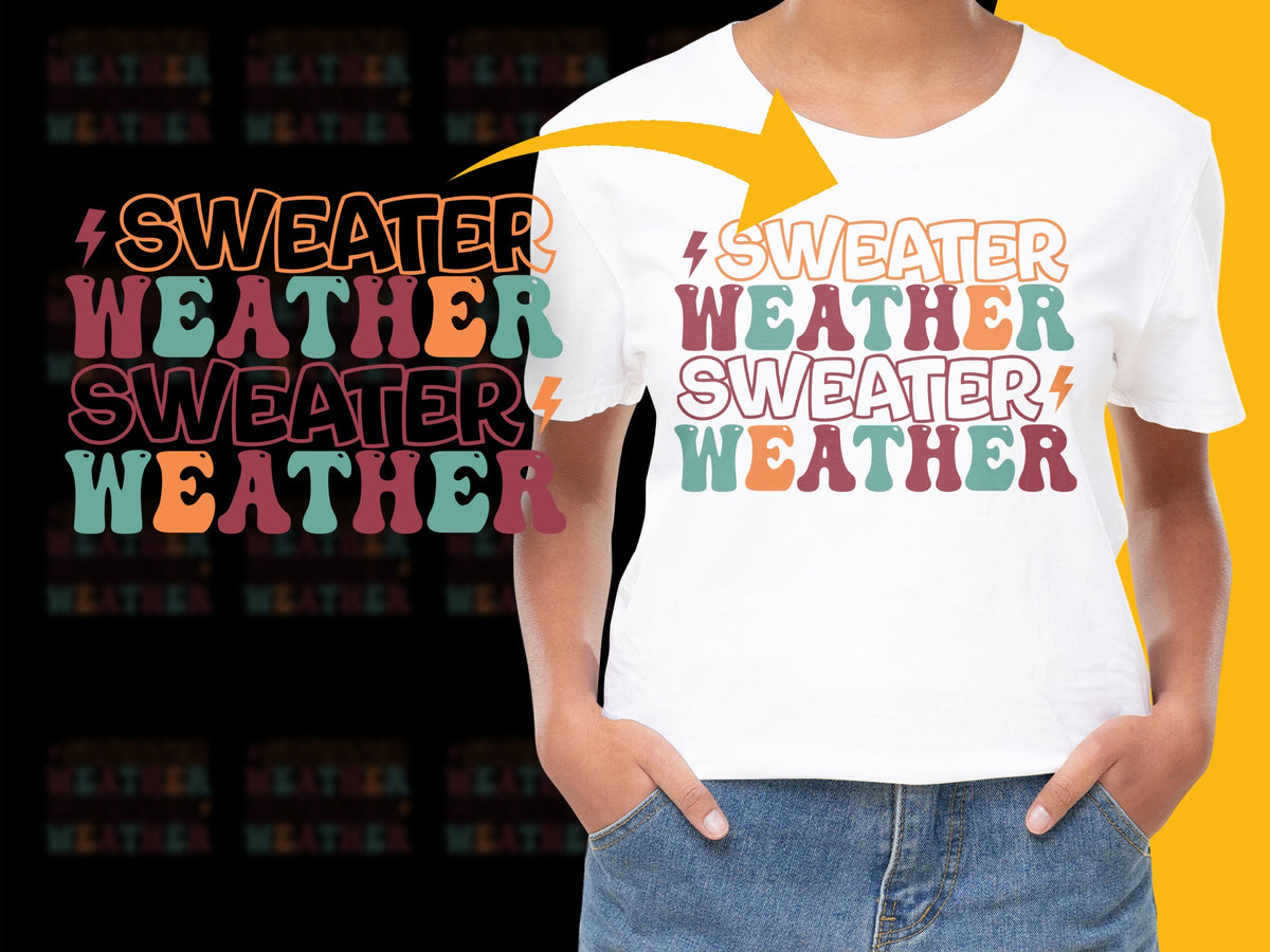 Sweater Weather Colorful Typography White T-Shirt, Unisex Graphic Tee, Casual Fashion Apparel, Unique Gift Idea
