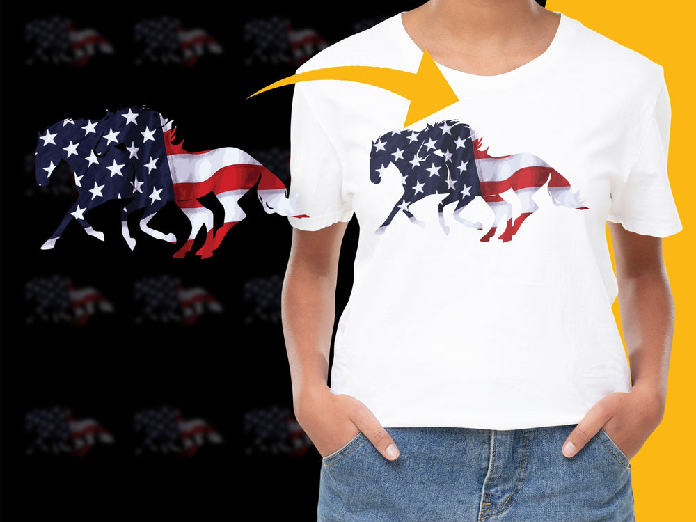 Patriotic Horse T-Shirt, American Flag Print, Red White and Blue, Unisex Graphic Tee, Summer Casual Wear, USA Independence Day Top
