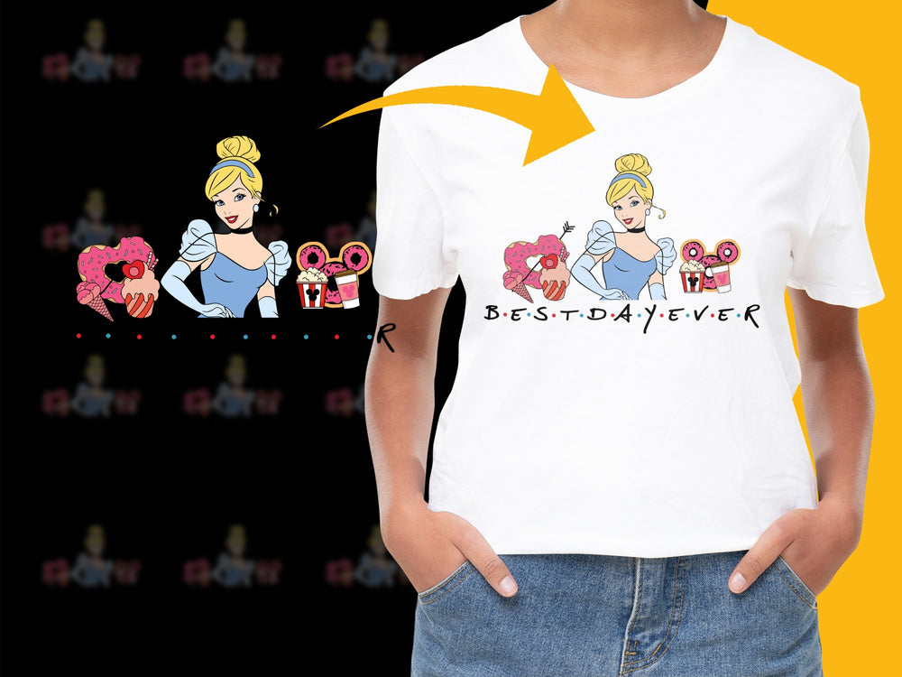 Women's White T-Shirt with Cartoon Princess and Donuts Graphic, Casual Summer Top, Best Day Ever Print