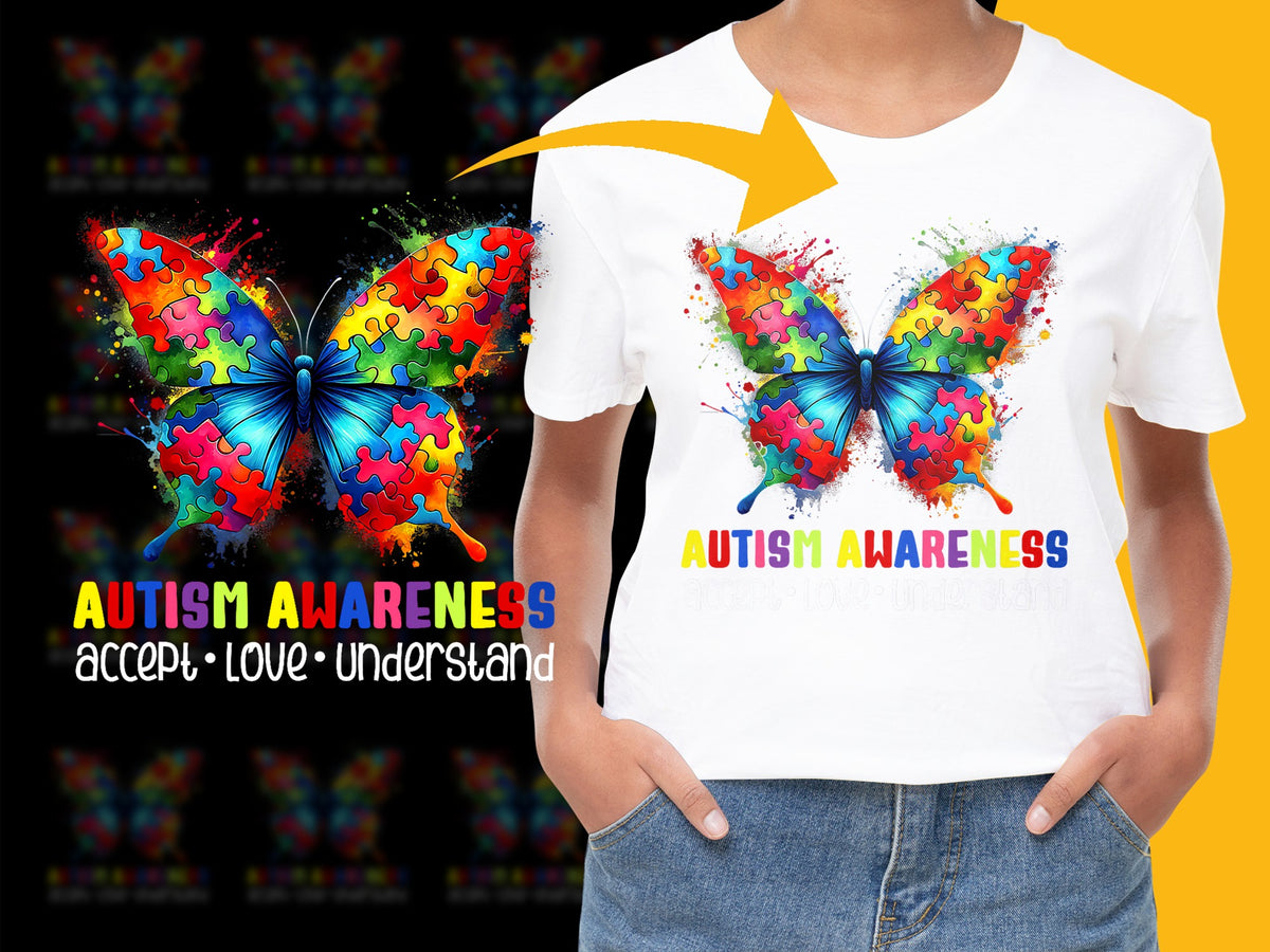 Autism Awareness Colorful Butterfly Puzzle Graphic T-Shirt, Unisex Accept Love Understand Tee