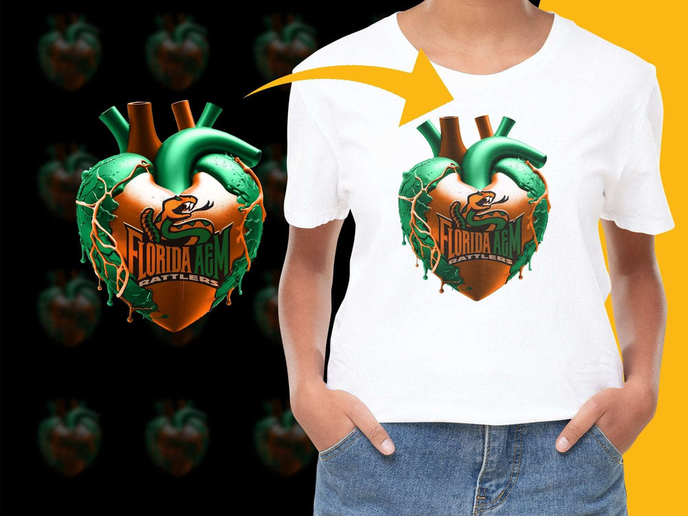 Florida AandM Rattlers T-Shirt, Heart Graphic, Sports Fan Gear, College Apparel, Colorful Design