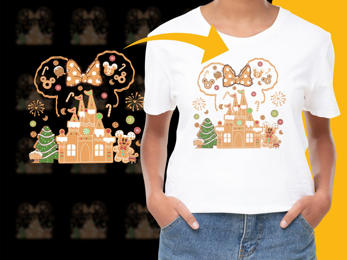Christmas Gingerbread Castle T-Shirt, Festive Holiday Tee, Kids and Adults Sizes, Cute Gingerbread House Design