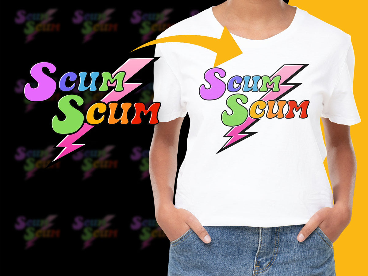 Trendy Scum Graphic T-Shirt, Colorful Bold Text Design, Urban Streetwear, Unisex Fashion Tee, Eye-Catching Casual Apparel