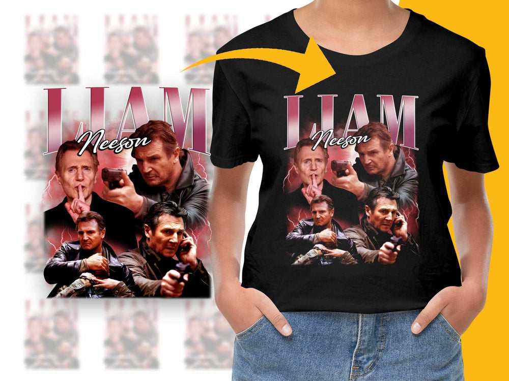 Liam Neeson Action Movie Collage T-Shirt, Vintage Film Actor Graphic Tee, Unique Gift Idea for Movie Fans